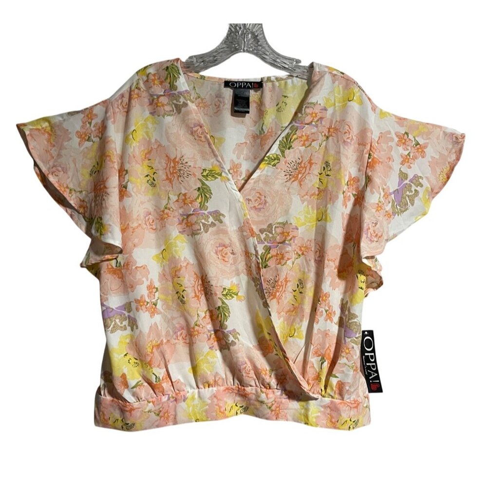 Floral Print Wrap Style Sheer Blouse With Short Flutter Sleeves  Womens 1X OPPA!